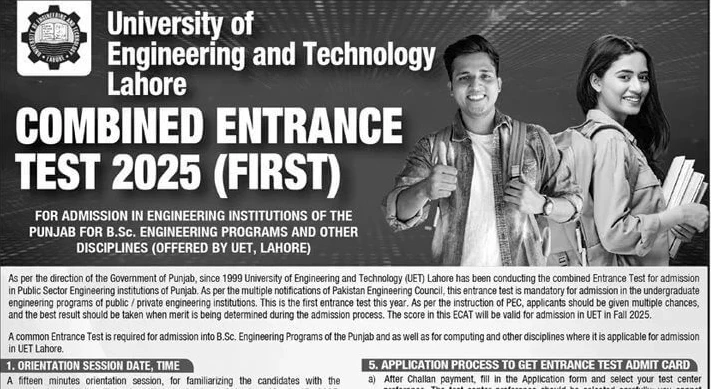 UET Lahore Opens ECAT Registration for Entry Test 2025